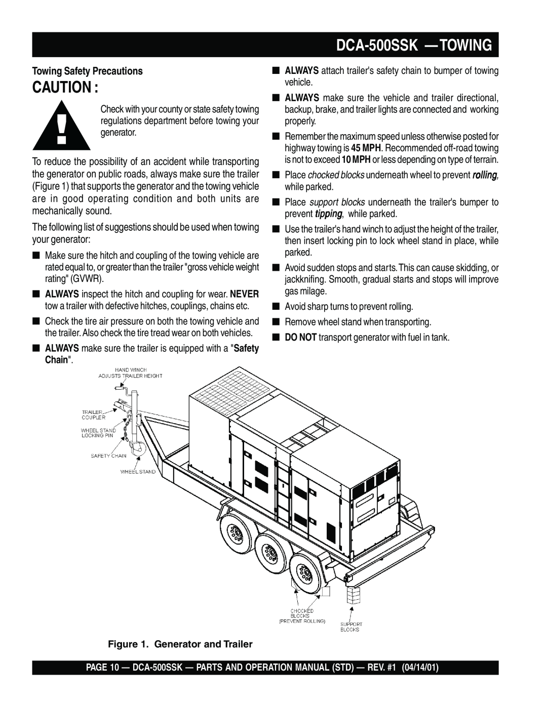 Multiquip operation manual DCA-500SSK -TOWING, Towing Safety Precautions, Generator and Trailer 