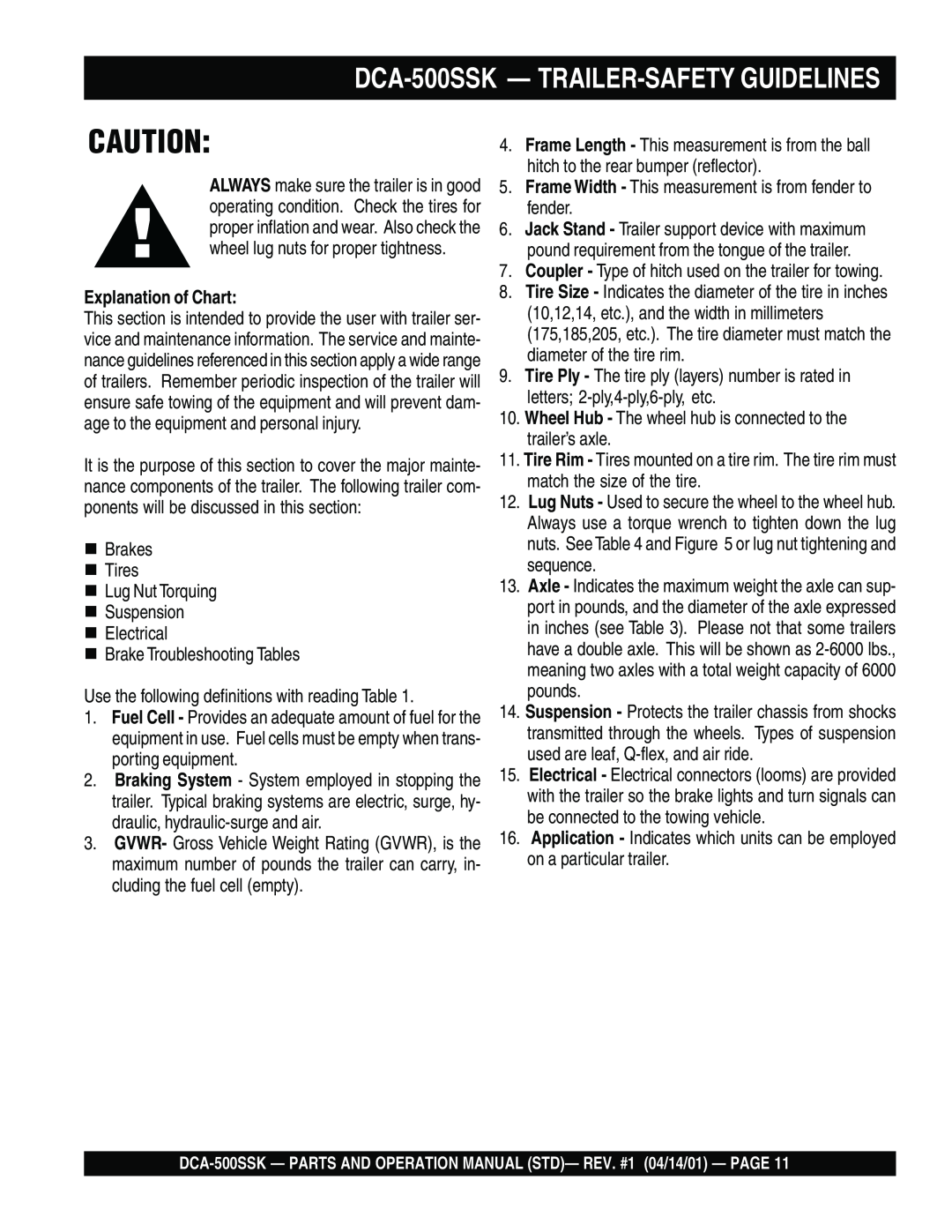 Multiquip operation manual DCA-500SSK - TRAILER-SAFETY GUIDELINES, Explanation of Chart 