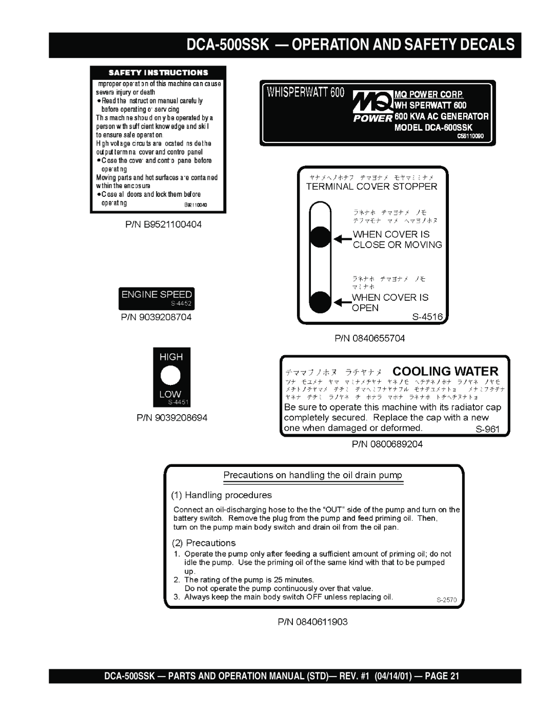 Multiquip operation manual DCA-500SSK - OPERATION AND SAFETY DECALS 