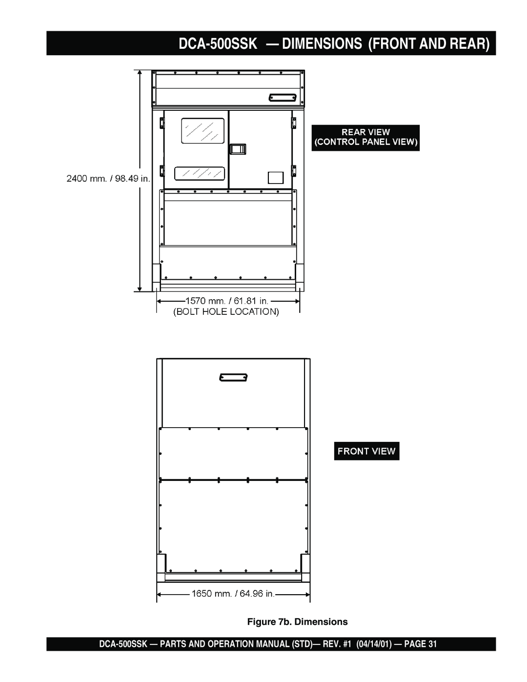 Multiquip operation manual DCA-500SSK - DIMENSIONS FRONT AND REAR, b. Dimensions 