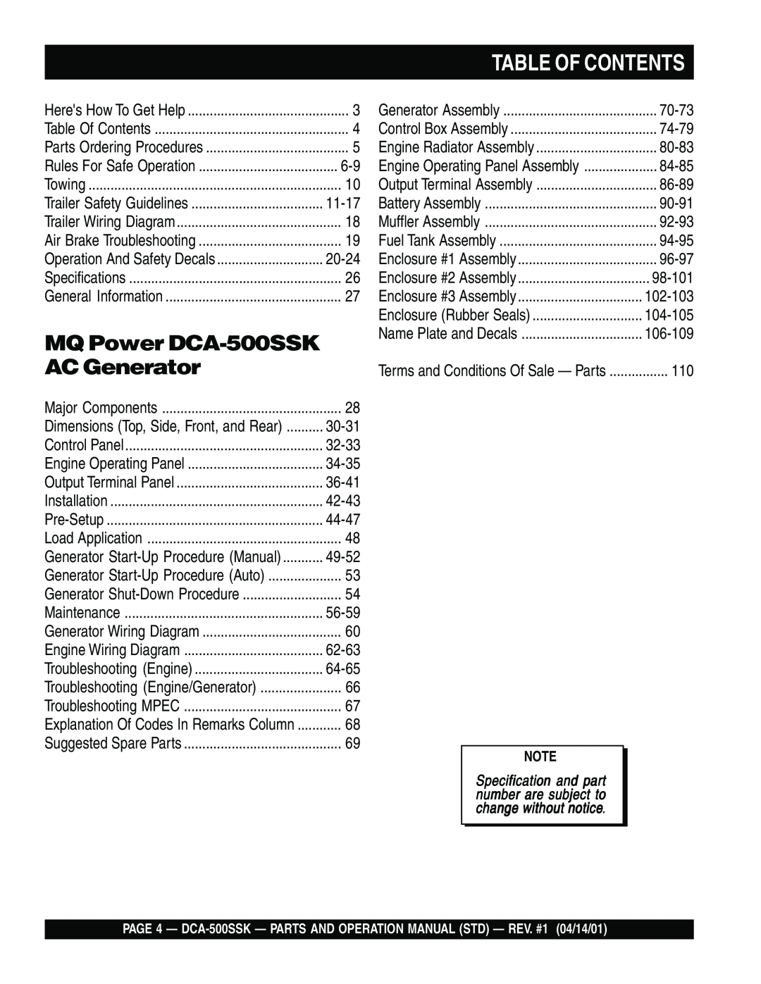 Multiquip operation manual Table Of Contents, MQ Power DCA-500SSK, AC Generator 