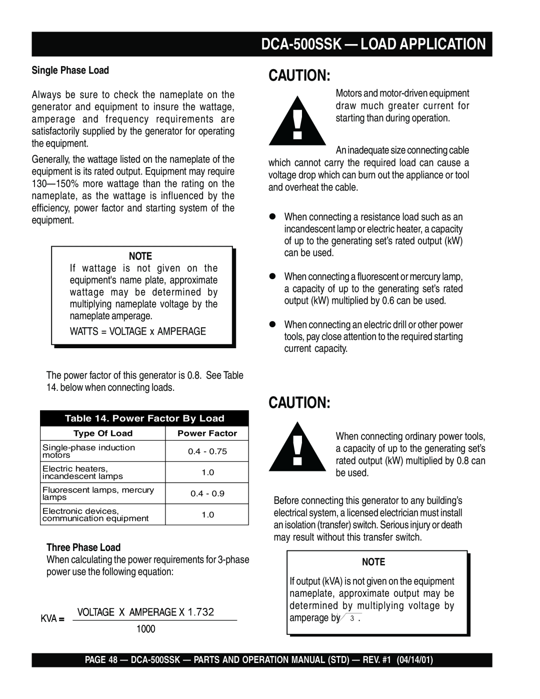 Multiquip operation manual DCA-500SSK - LOAD APPLICATION, Single Phase Load, Three Phase Load 
