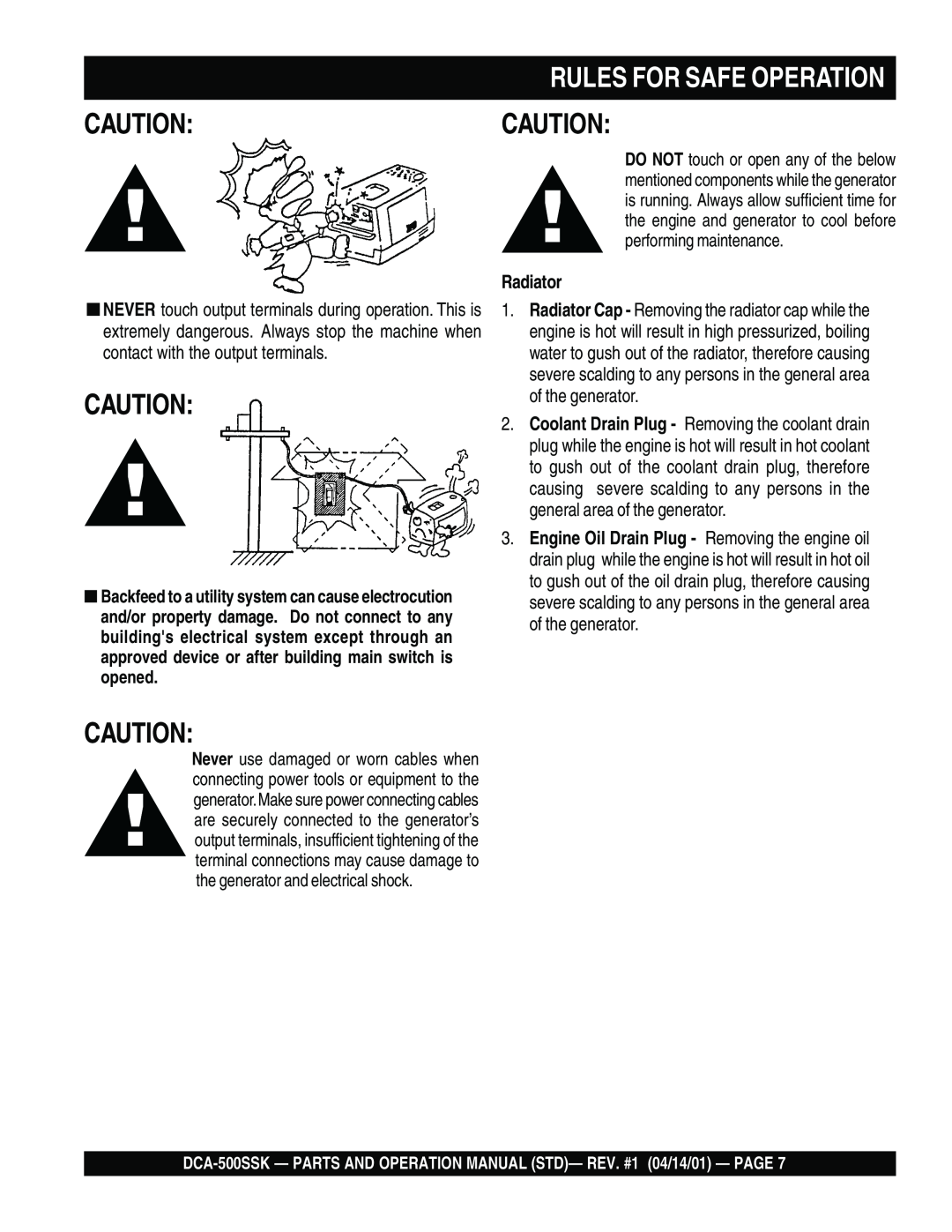 Multiquip DCA-500SSK operation manual Radiator, Rules For Safe Operation, Cautioncaution 