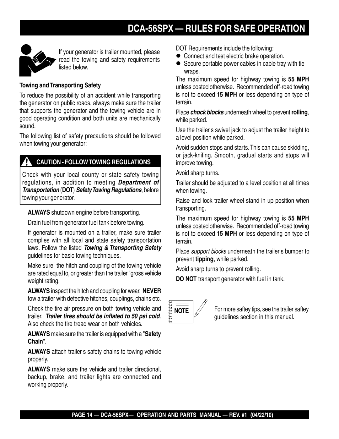 Multiquip DCA-56SPX operation manual Towing and Transporting Safety, Guidelines section in this manual 