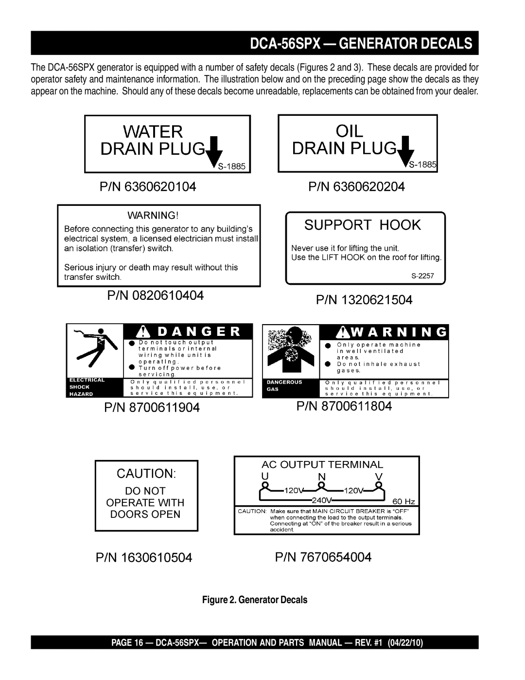 Multiquip operation manual DCA-56SPX Generator Decals 