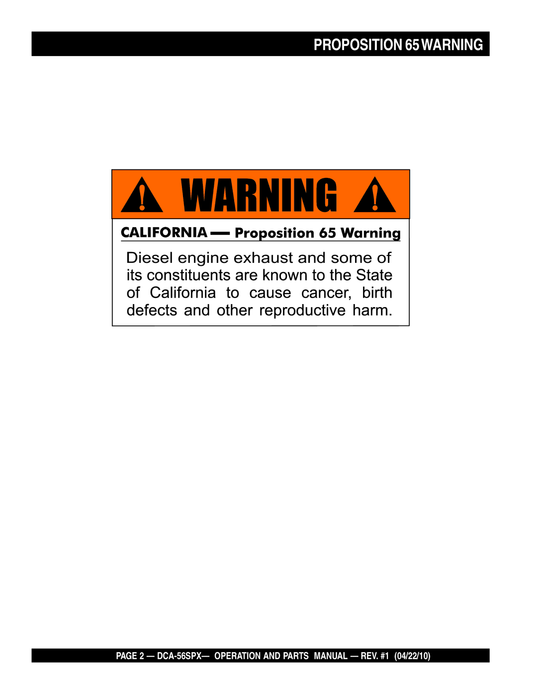 Multiquip DCA-56SPX operation manual Proposition 65WARNING, Diesel engine exhaust and some 