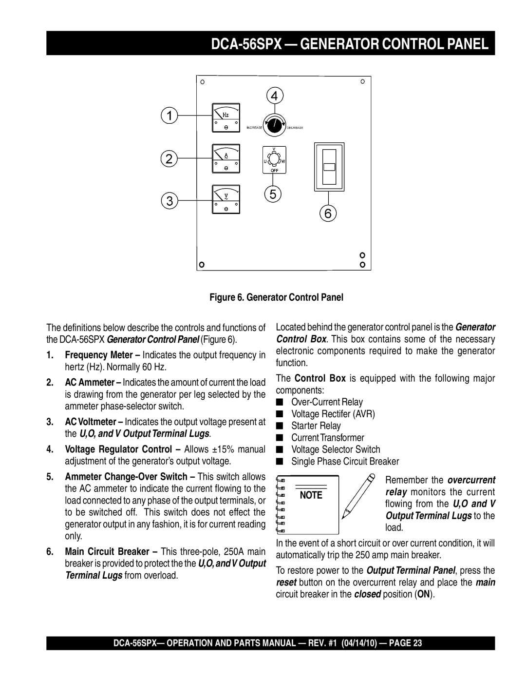 Multiquip operation manual DCA-56SPX Generator Control Panel 