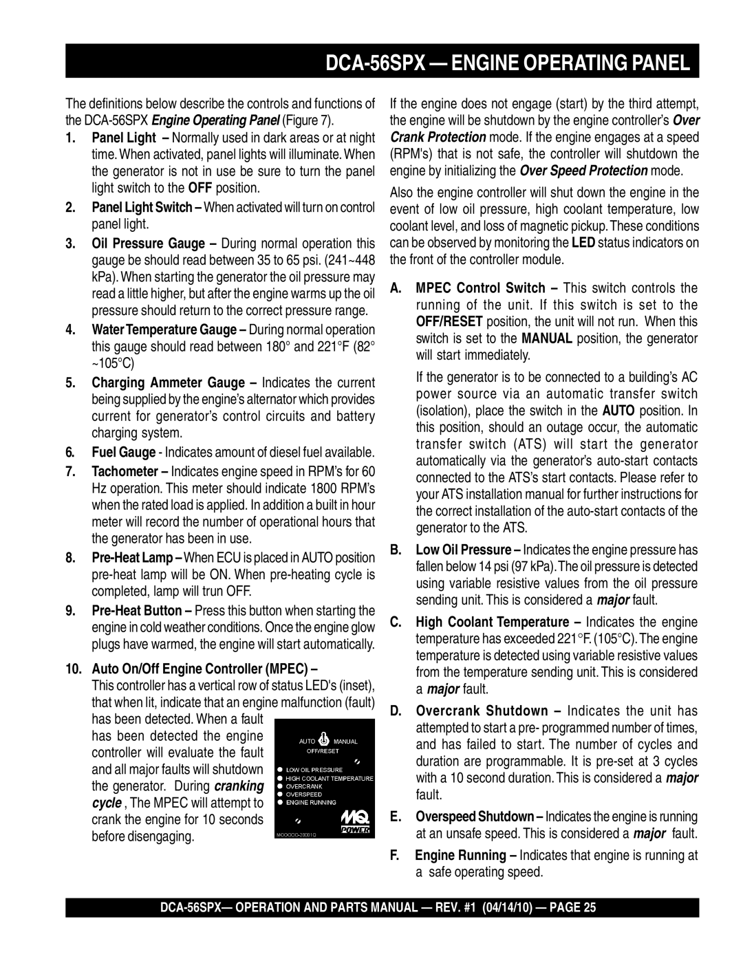 Multiquip operation manual DCA-56SPX Engine Operating Panel, Auto On/Off Engine Controller Mpec 