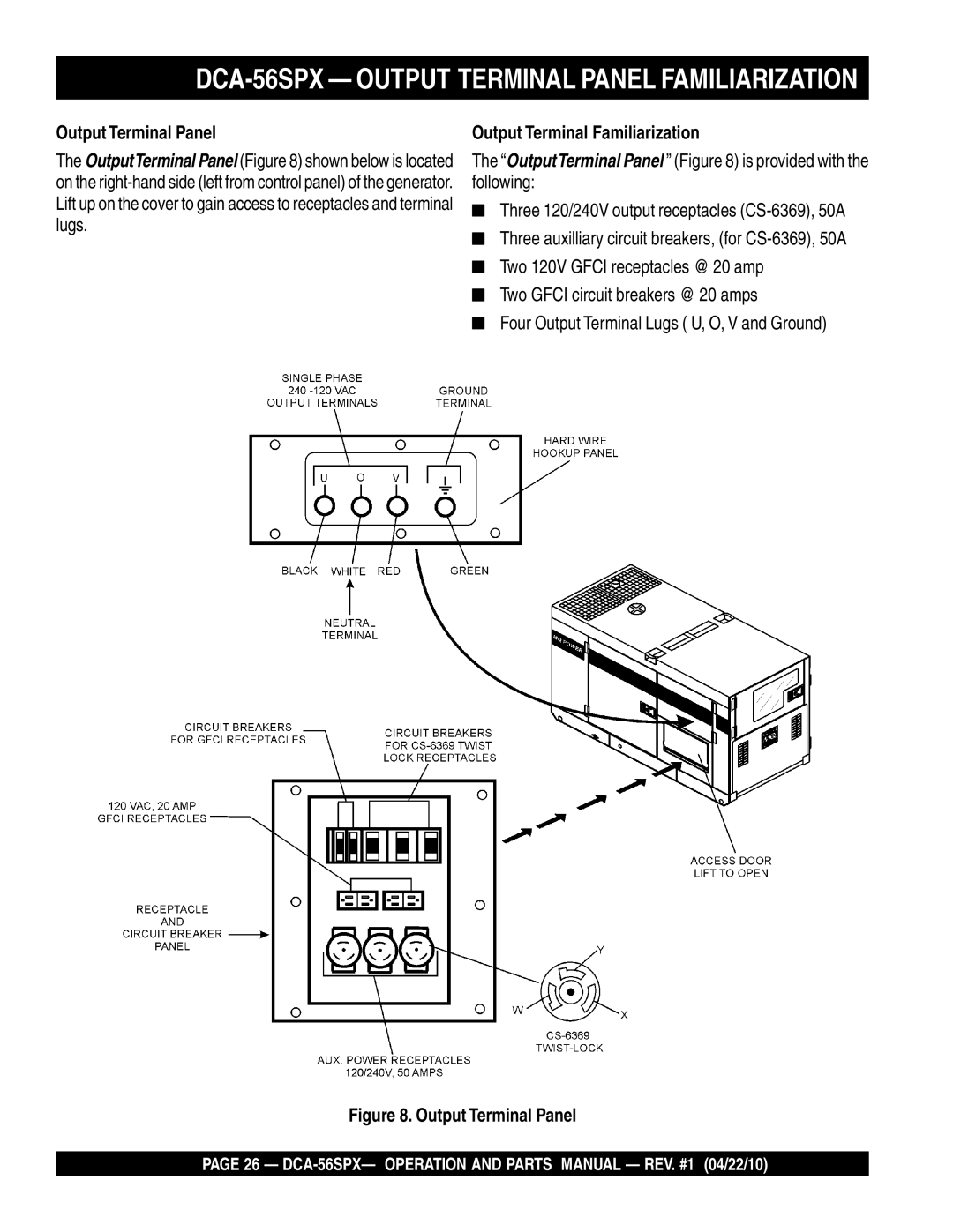 Multiquip operation manual DCA-56SPX Output Terminal Panel Familiarization, Output Terminal Familiarization 