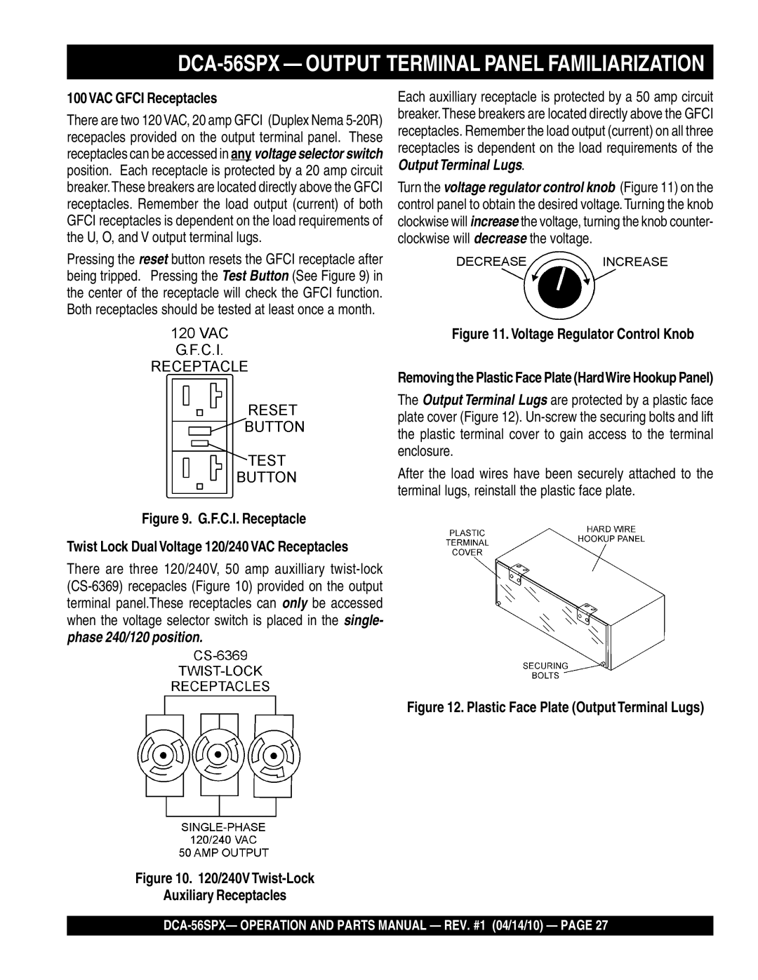 Multiquip operation manual DCA-56SPX Output Terminal Panel Familiarization, 100VAC Gfci Receptacles 