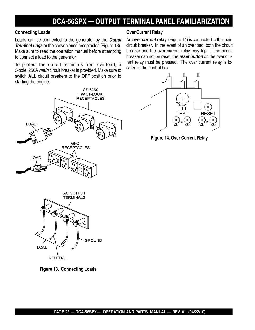 Multiquip DCA-56SPX operation manual Connecting Loads, Over Current Relay 