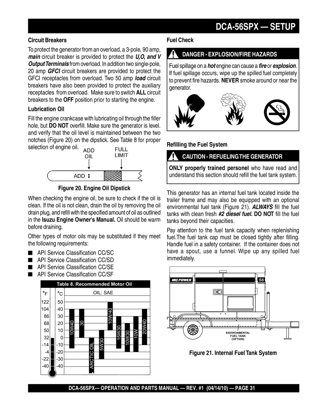 Multiquip operation manual DCA-56SPX Setup, Circuit Breakers, Lubrication Oil, Fuel Check, Refilling the Fuel System 