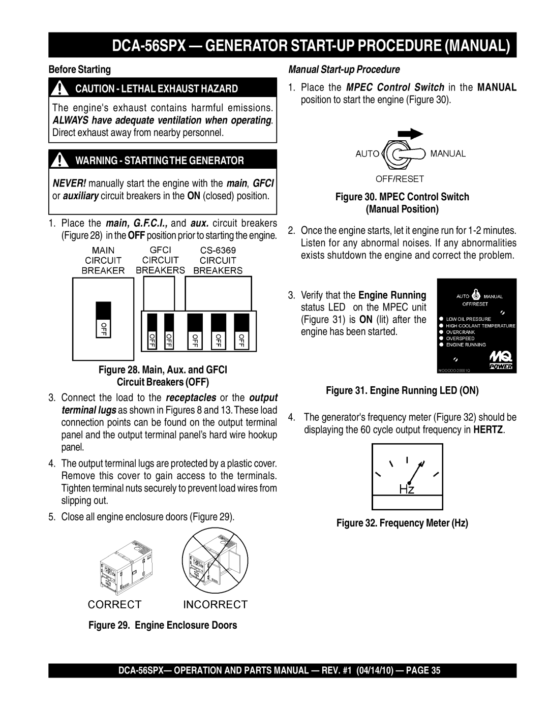 Multiquip DCA-56SPX Generator START-UP Procedure Manual, Before Starting, Engines exhaust contains harmful emissions 