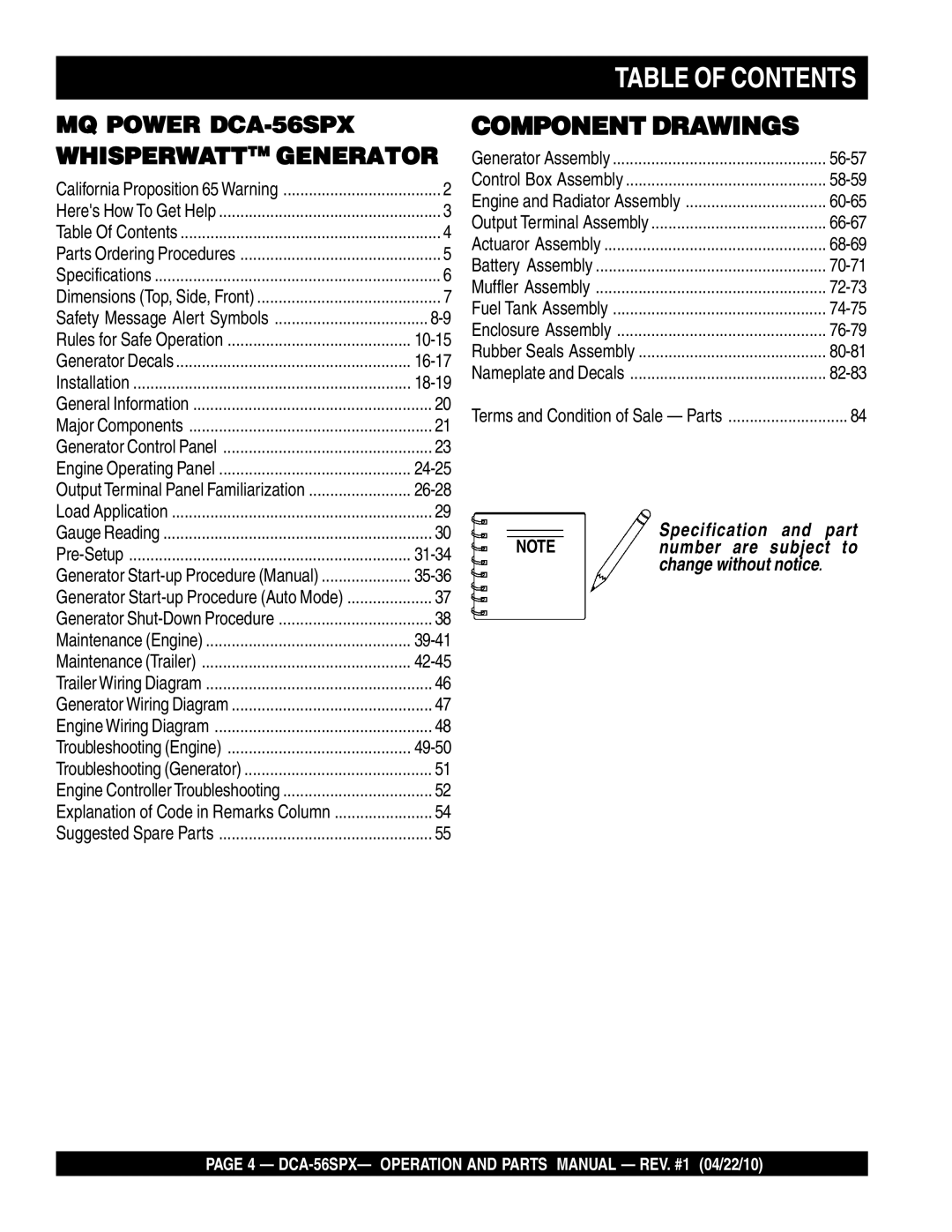 Multiquip DCA-56SPX operation manual Table of Contents 