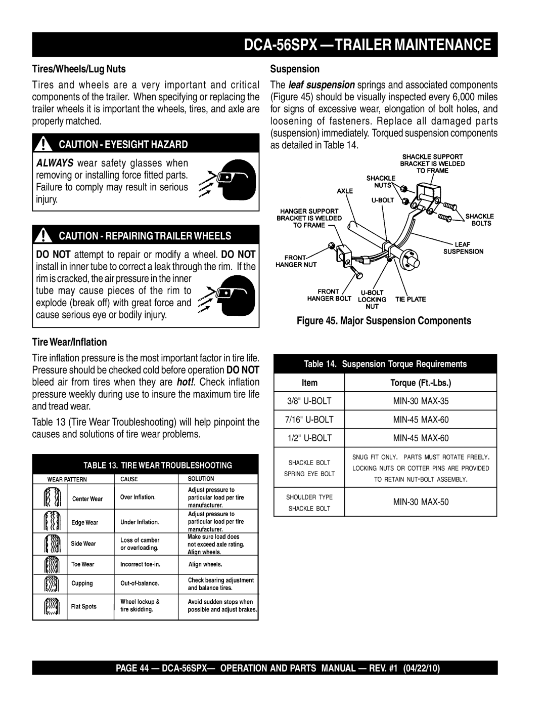 Multiquip DCA-56SPX operation manual Tires/Wheels/Lug Nuts, TireWear/Inflation, Suspension 