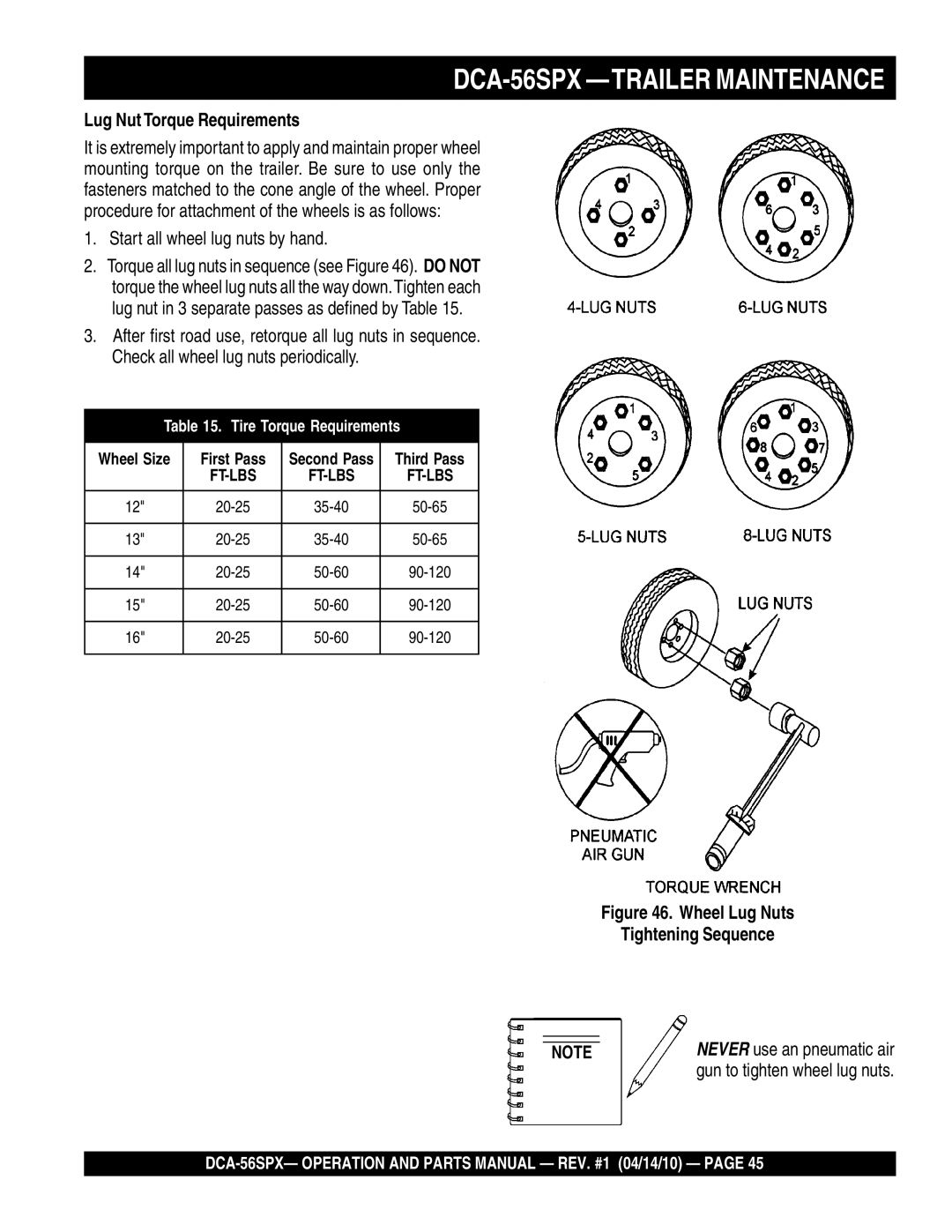 Multiquip DCA-56SPX operation manual Lug Nut Torque Requirements, Start all wheel lug nuts by hand 