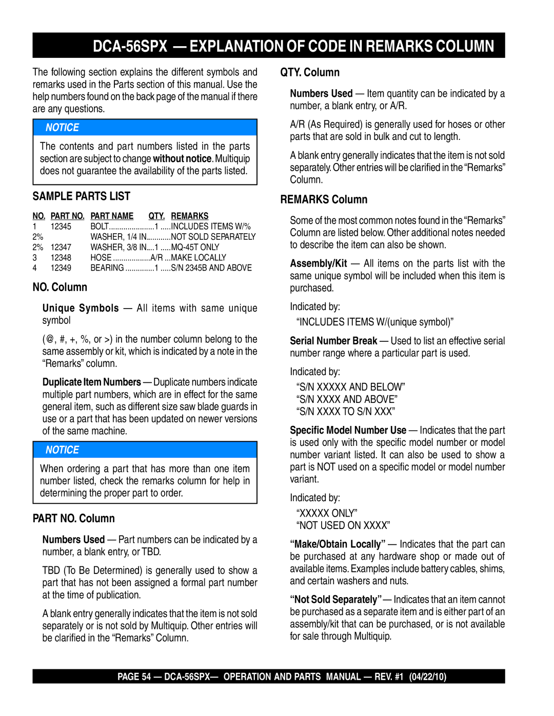 Multiquip operation manual DCA-56SPX Explanation of Code in Remarks Column, QTY. Column 