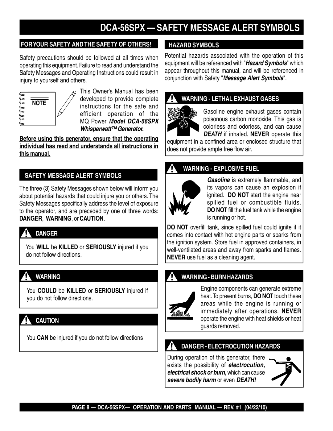 Multiquip operation manual DCA-56SPX Safety Message Alert Symbols, Hazard Symbols 