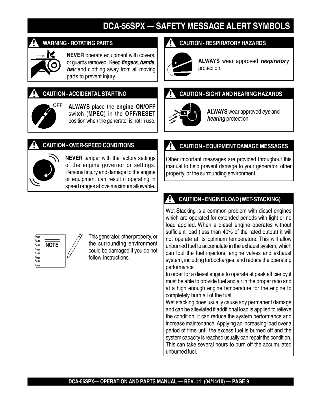 Multiquip operation manual DCA-56SPX Safety Message Alert Symbols 