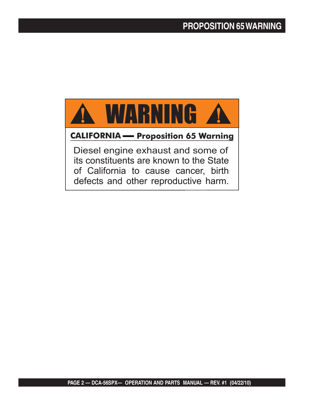 Multiquip DCA-56SPX operation manual PROPOSITION 65WARNING, Diesel engine exhaust and some of 