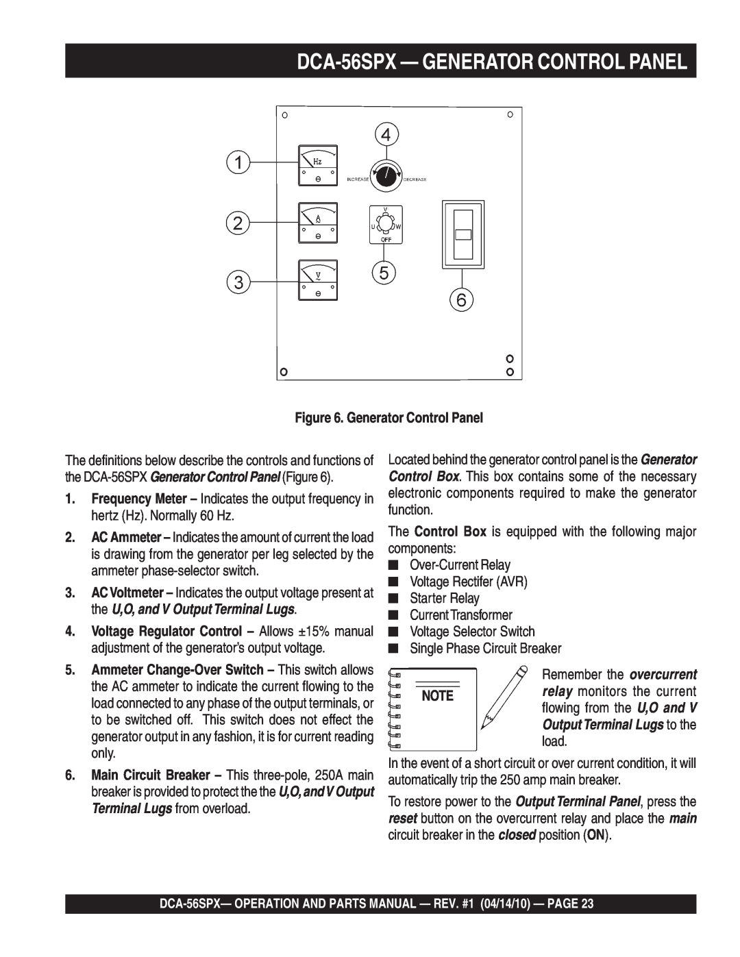 Multiquip operation manual DCA-56SPX- GENERATOR CONTROL PANEL, Generator Control Panel 