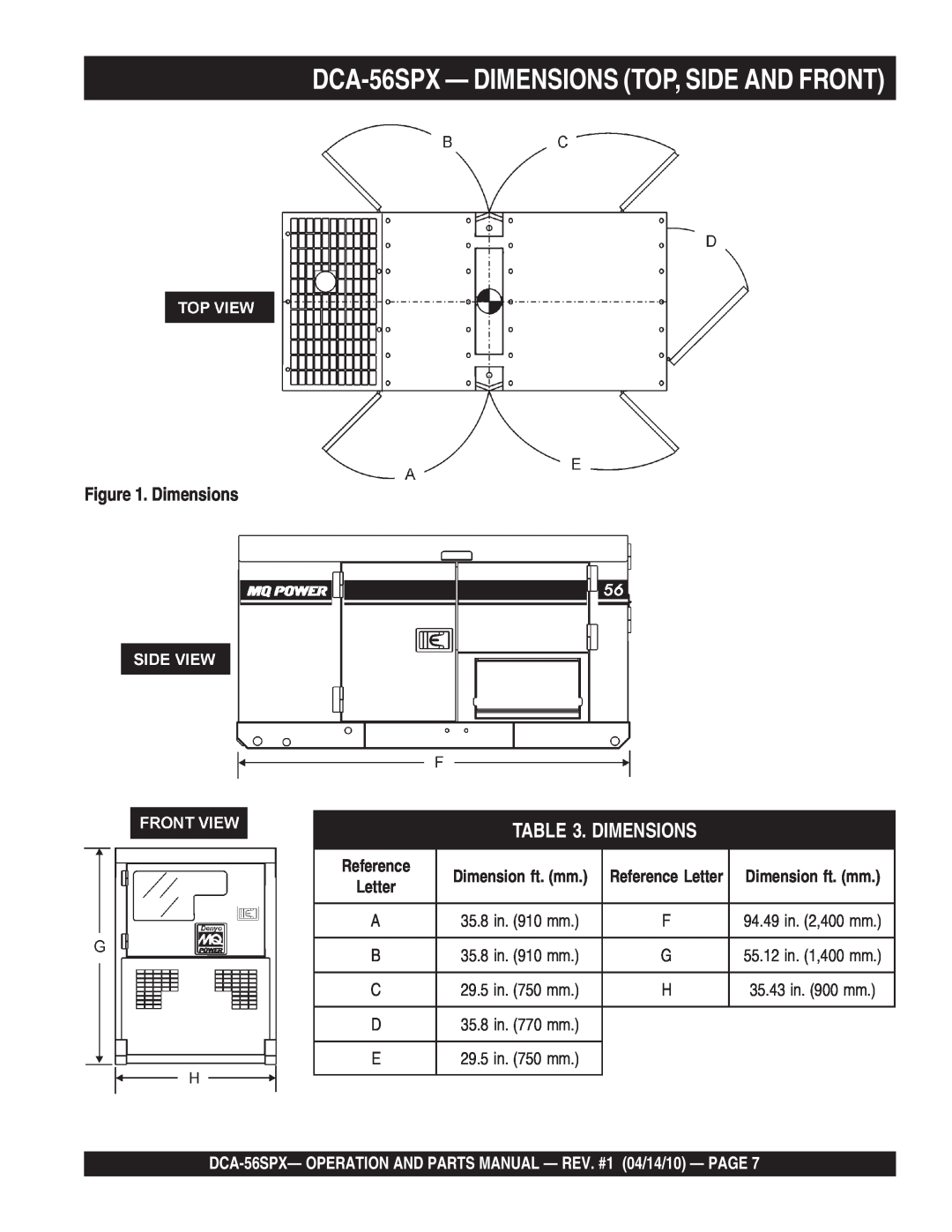 Multiquip operation manual DCA-56SPX- DIMENSIONS TOP, SIDE AND FRONT, Dimensions, Dimension ft. mm, Reference Letter 
