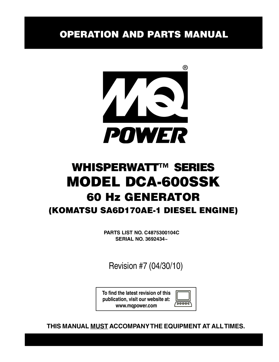 Multiquip operation manual Model DCA-600SSK 