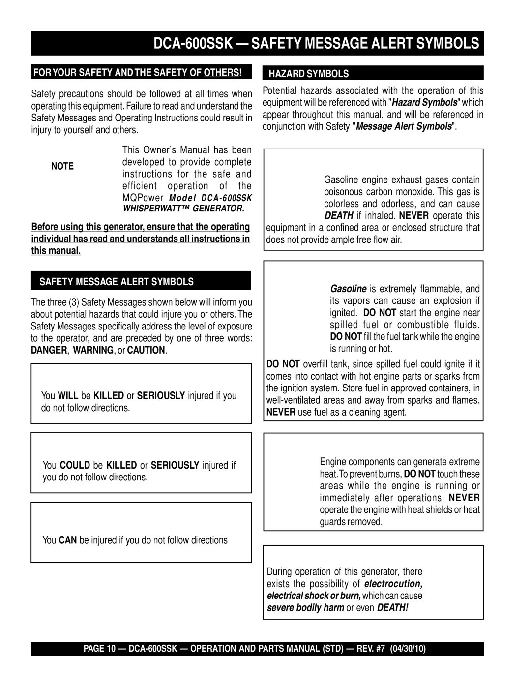 Multiquip operation manual DCA-600SSK Safety Message Alert Symbols, Hazard Symbols 