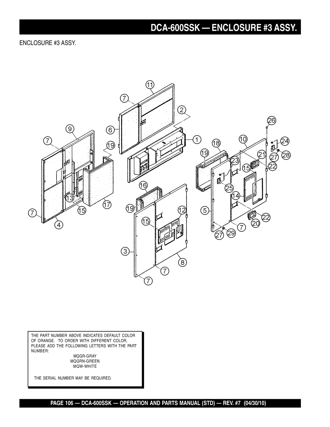 Multiquip operation manual DCA-600SSK Enclosure #3 Assy 