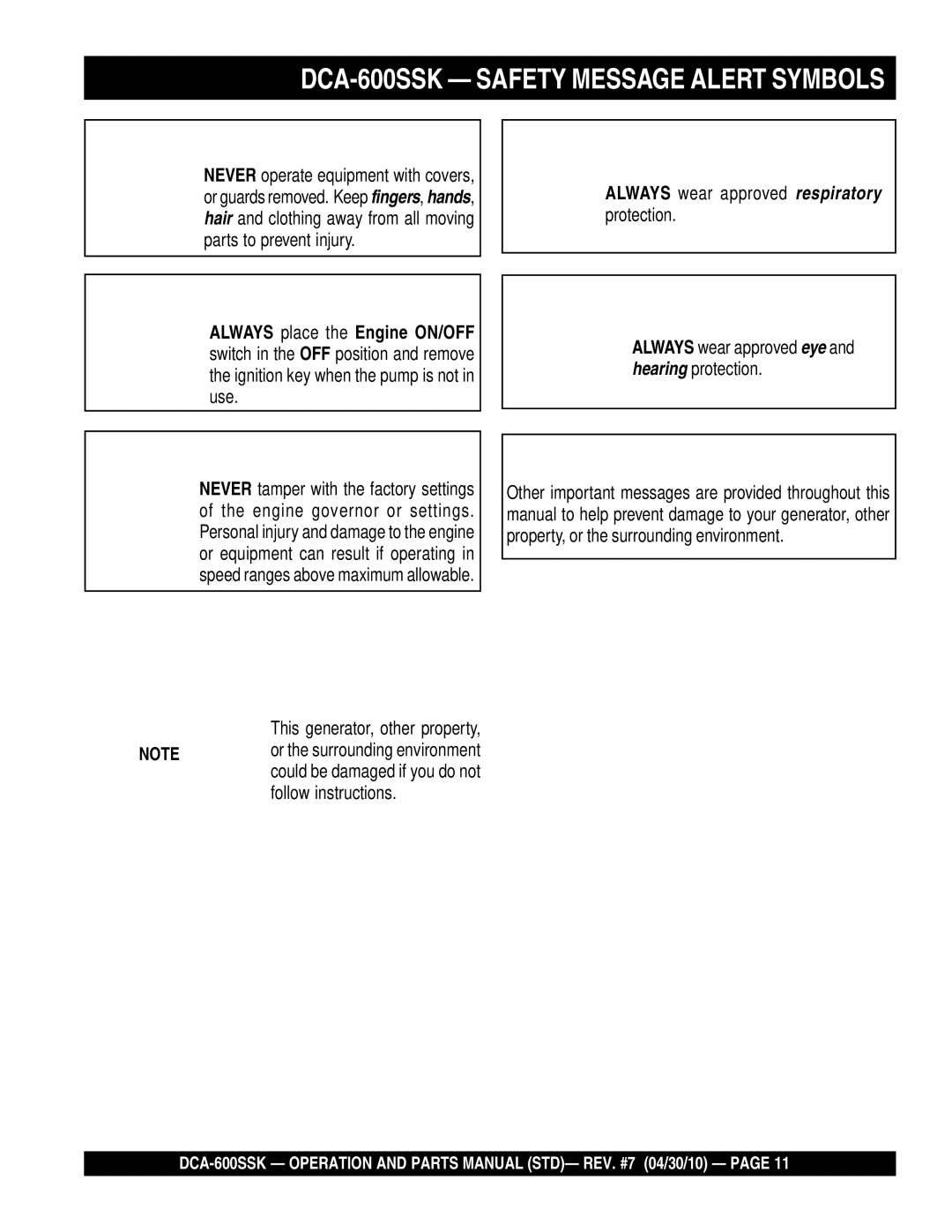 Multiquip operation manual DCA-600SSK Safety Message Alert Symbols, This generator, other property 