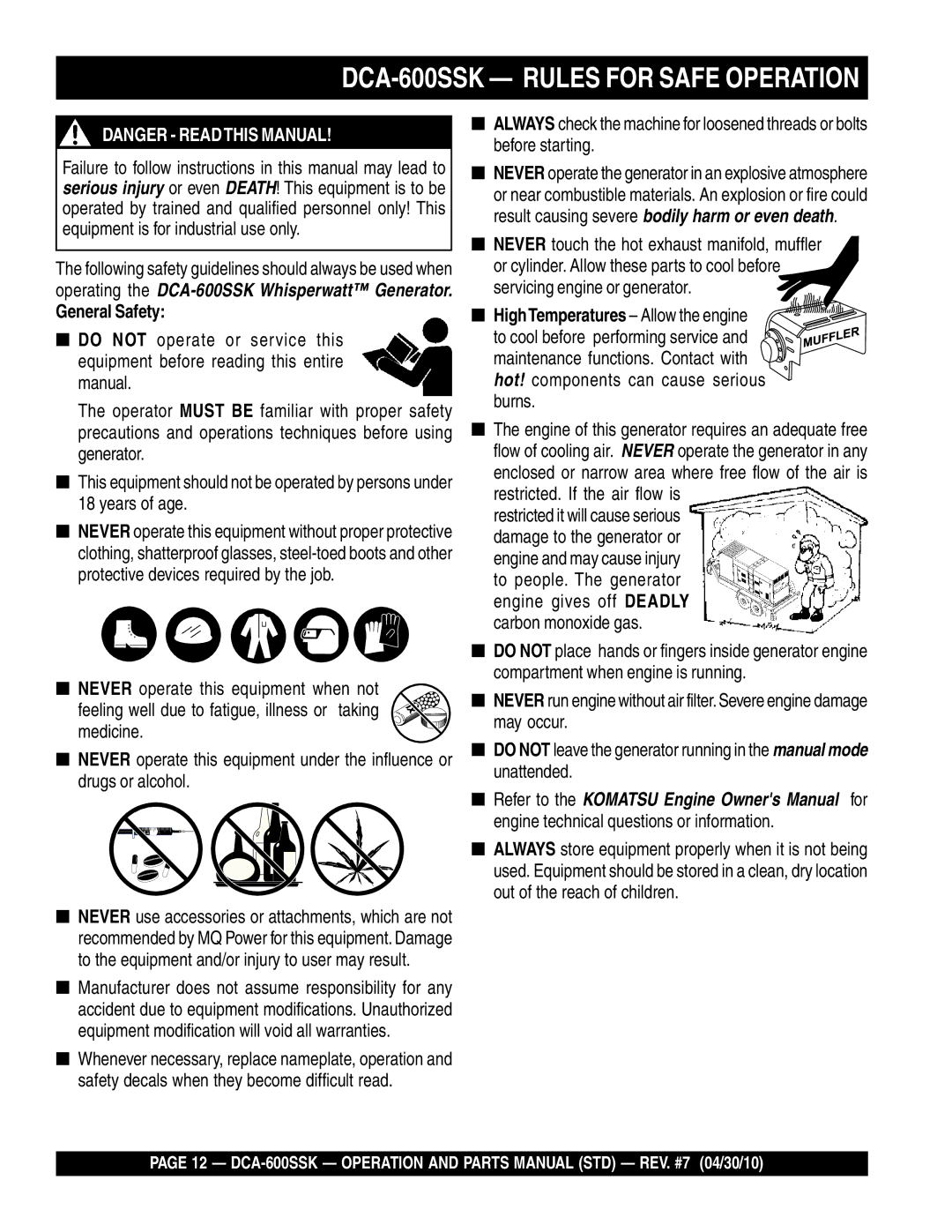 Multiquip DCA-600SSK operation manual General Safety, Burns 