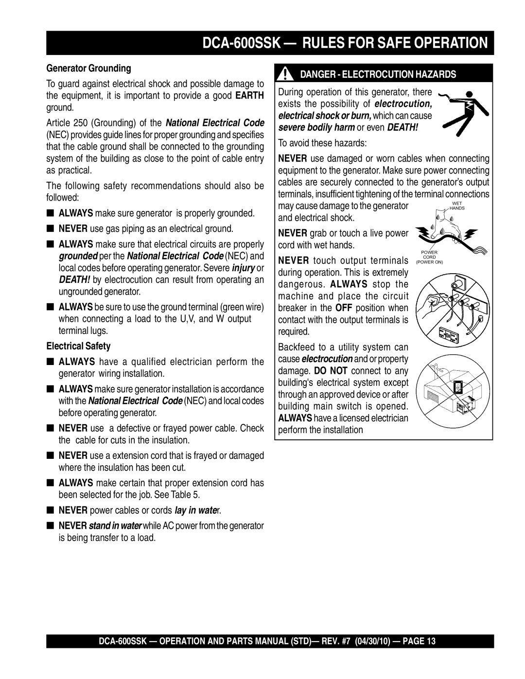 Multiquip operation manual DCA-600SSK Rules for Safe Operation, Generator Grounding, Electrical Safety 