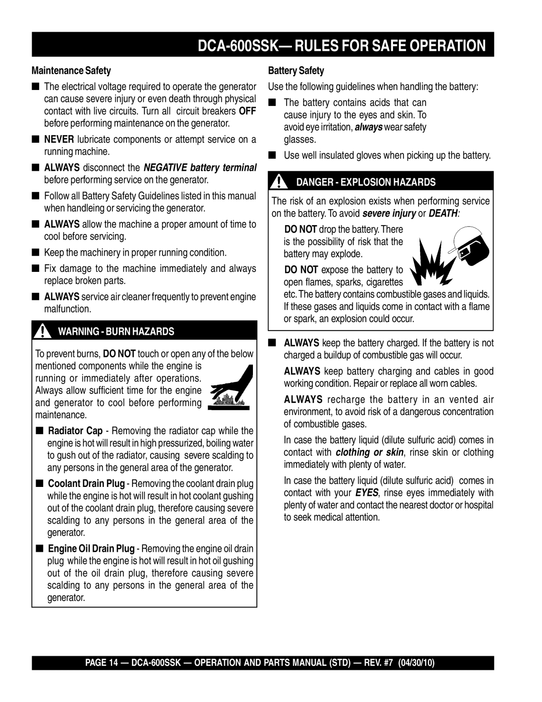 Multiquip DCA-600SSK operation manual Maintenance Safety, Battery Safety 