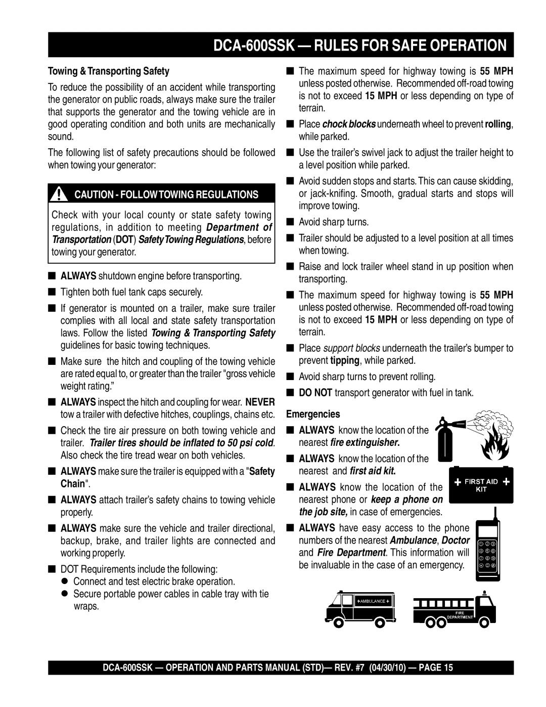 Multiquip operation manual DCA-600SSK Rules for Safe Operation, Towing & Transporting Safety, Emergencies 