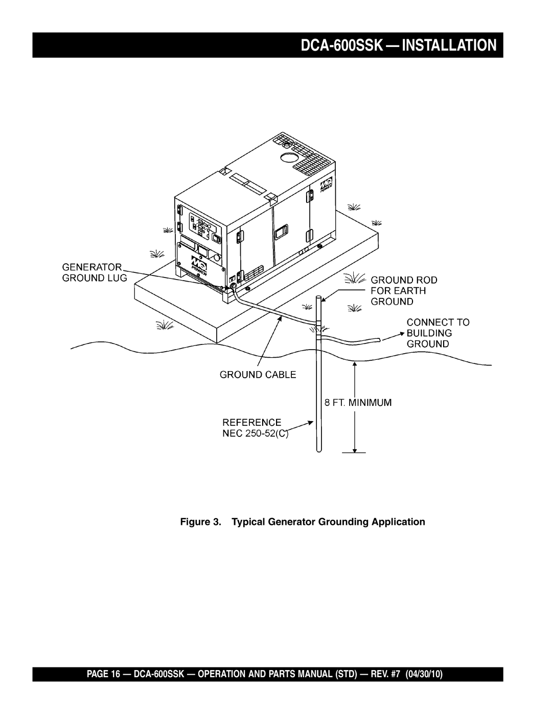 Multiquip operation manual DCA-600SSK Installation, Typical Generator Grounding Application 