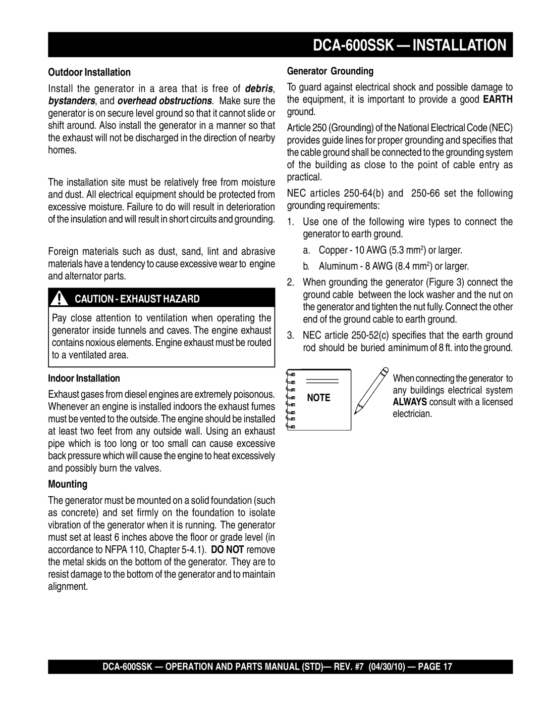 Multiquip operation manual DCA-600SSK Installation, Outdoor Installation, Mounting 