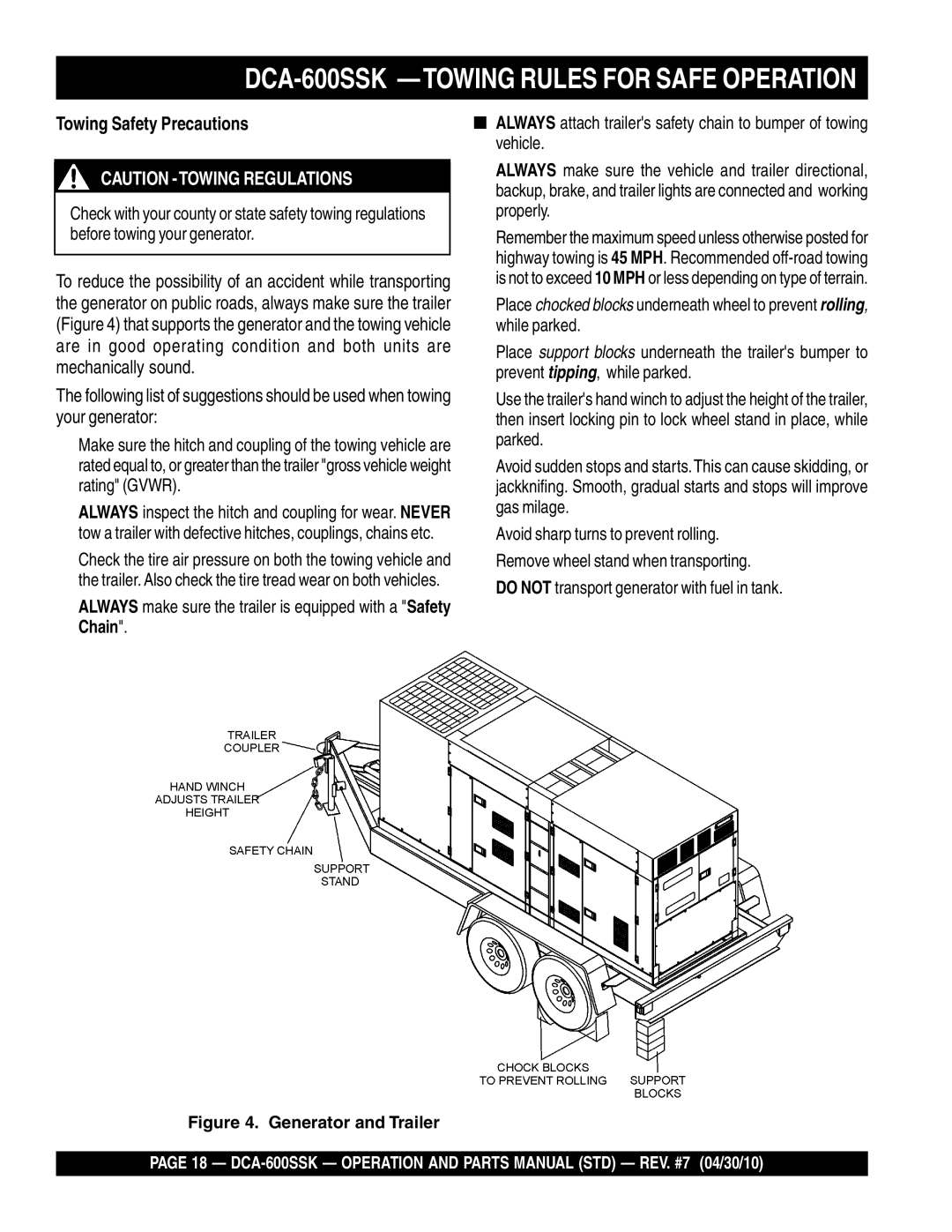 Multiquip operation manual DCA-600SSK -TOWING Rules for Safe Operation, Towing Safety Precautions 