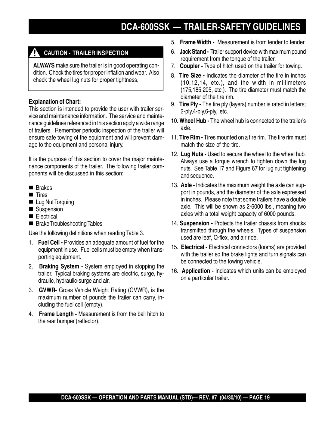 Multiquip operation manual DCA-600SSK TRAILER-SAFETY Guidelines, Explanation of Chart 