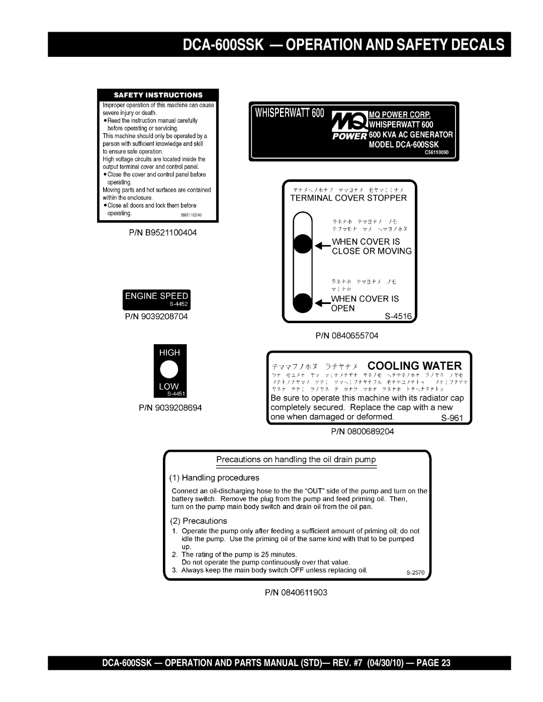 Multiquip operation manual DCA-600SSK Operation and Safety Decals 