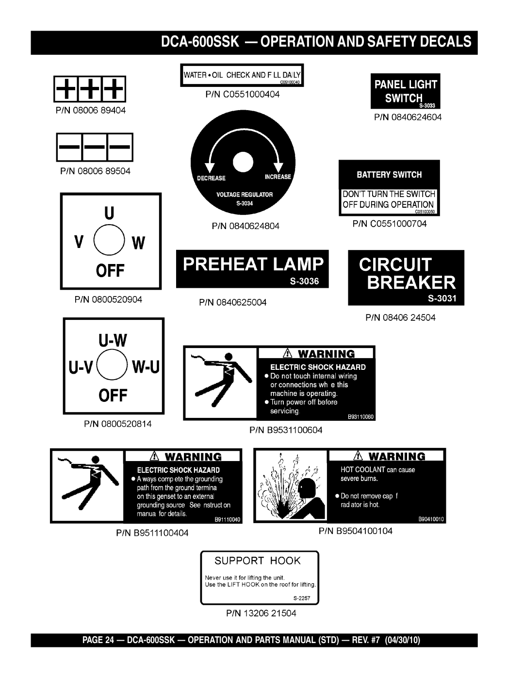 Multiquip operation manual DCA-600SSK Operation and Safety Decals 