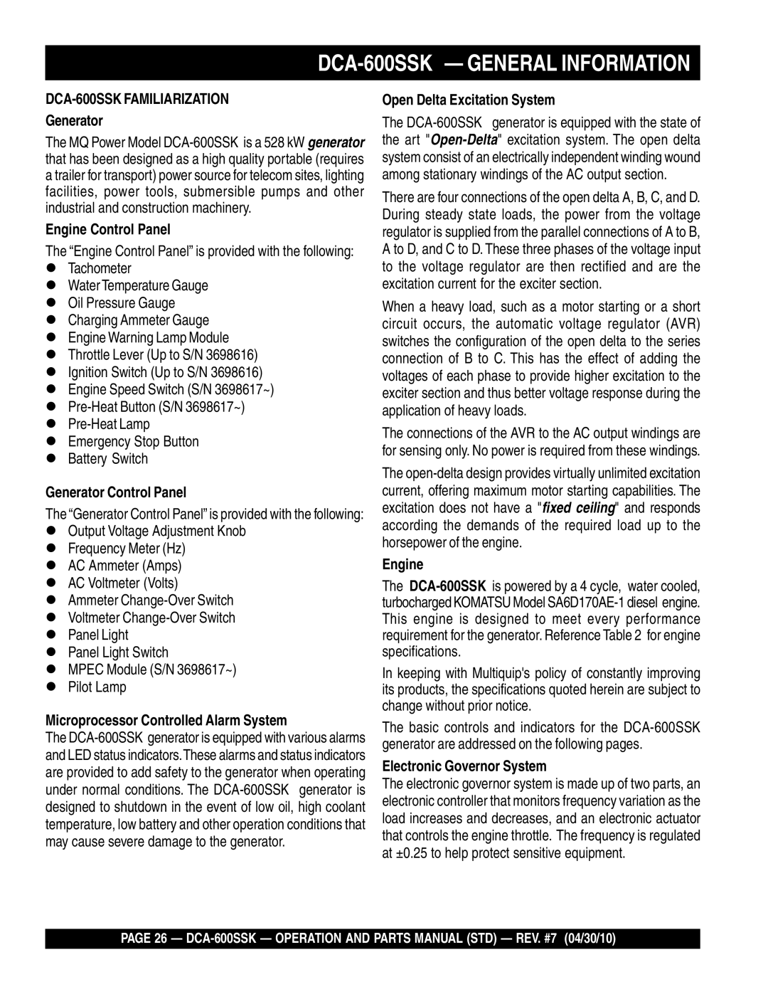 Multiquip operation manual DCA-600SSK General Information 