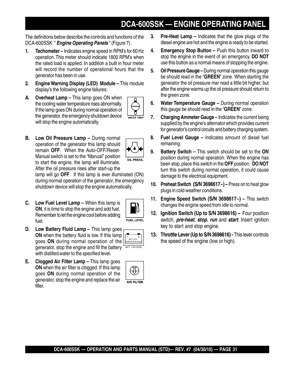 Multiquip DCA-600SSK operation manual Fuel Level Gauge Indicates amount of diesel fuel remaining 