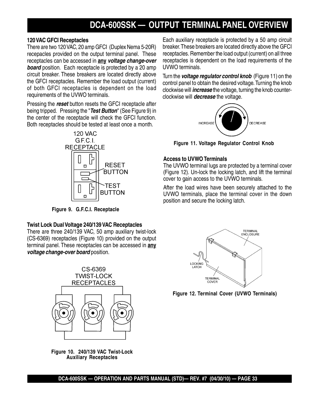 Multiquip operation manual DCA-600SSK Output Terminal Panel Overview, 120VAC Gfci Receptacles, Access to Uvwo Terminals 