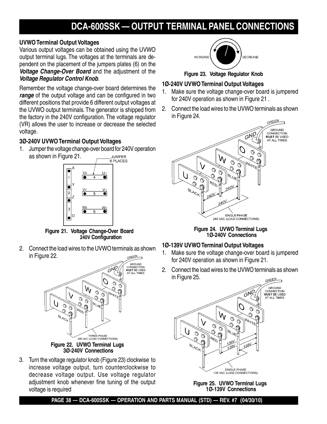 Multiquip operation manual DCA-600SSK Output Terminal Panel Connections, Uvwo Terminal Output Voltages 