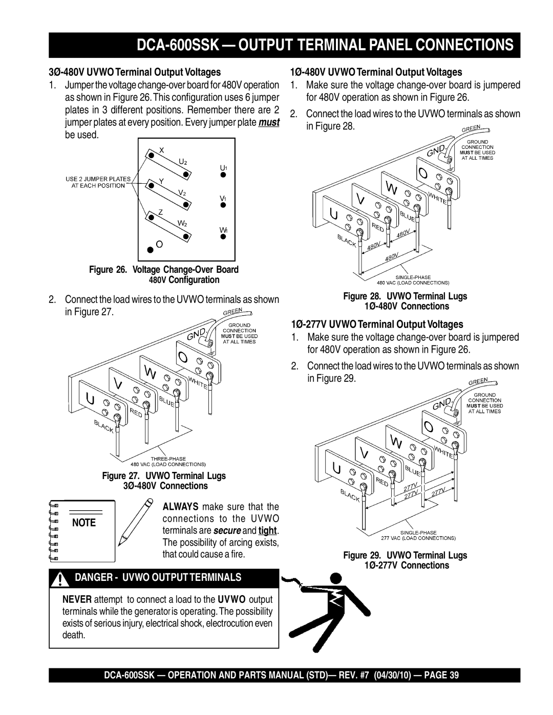 Multiquip operation manual DCA-600SSK Output Terminal Panel Connections, 3Ø-480V Uvwo Terminal Output Voltages 