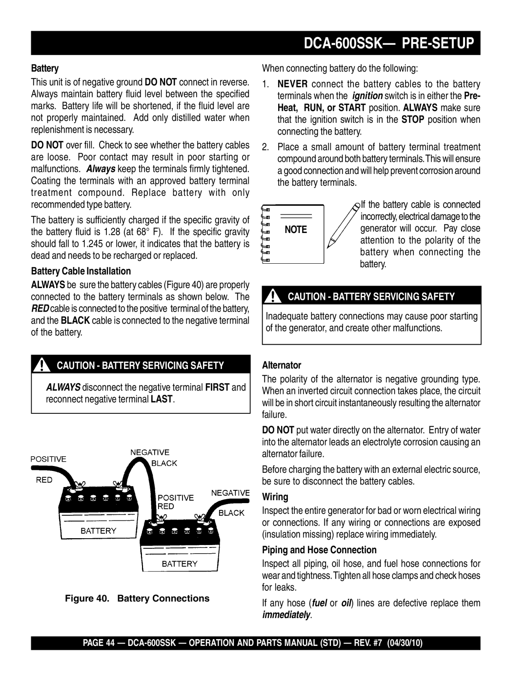 Multiquip DCA-600SSK operation manual Battery Cable Installation, Alternator, Wiring, Piping and Hose Connection 