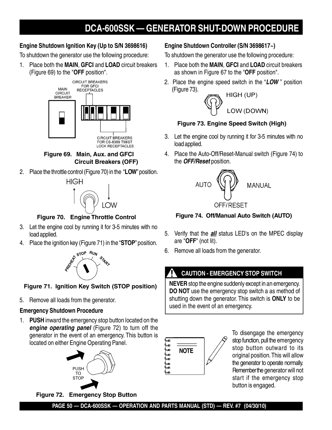 Multiquip operation manual DCA-600SSK Generator SHUT-DOWN Procedure, Emergency Shutdown Procedure 