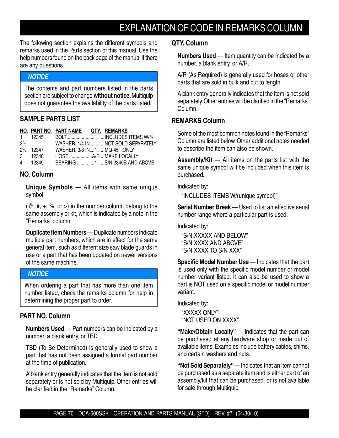 Multiquip DCA-600SSK operation manual Explanation of Code in Remarks Column, Xxxxx only Not Used on 