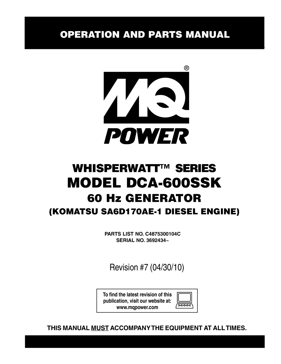 Multiquip operation manual Operation And Parts Manual, KOMATSU SA6D170AE-1 DIESEL ENGINE, MODEL DCA-600SSK 