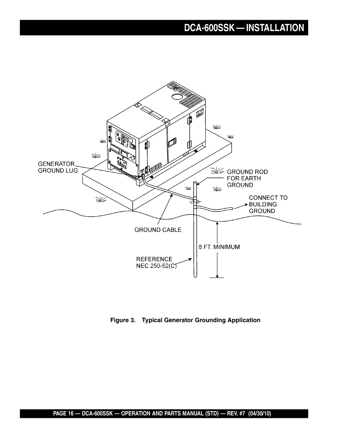 Multiquip operation manual DCA-600SSK - INSTALLATION, Typical Generator Grounding Application 